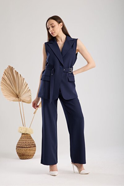 amurpars بدلة بنطلون سترة من القماش الفاخر باللون الأزرق الداكن مع حزام