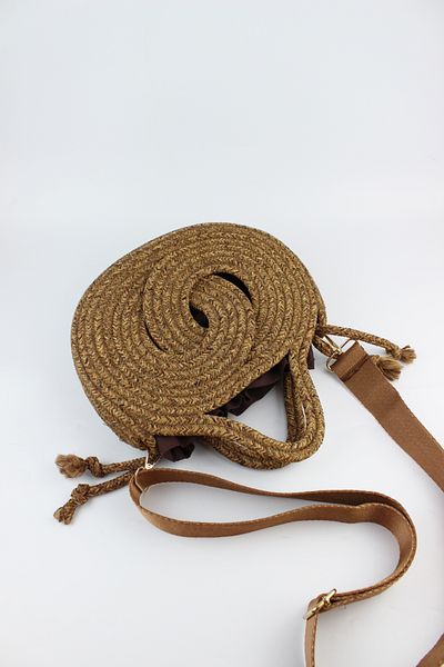 İLKYAZ Brown Mini Size Adjustable Strap Pouch Infinity Model Straw Women's Hand and Shoulder Bag