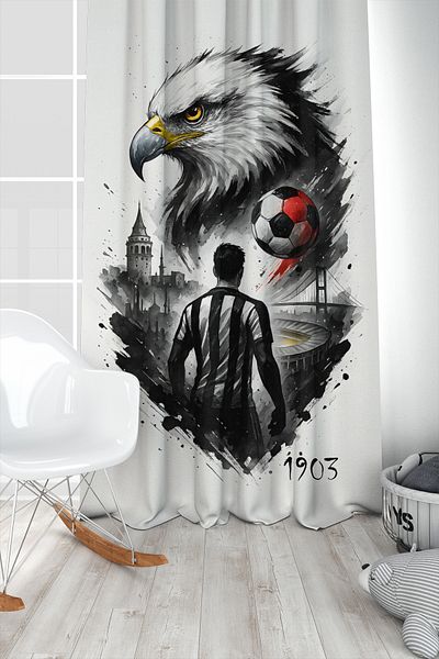 Bertille Home Children's and Baby's Room Black and White Fan Football Series Background Curtain Single Wing (Curtain)