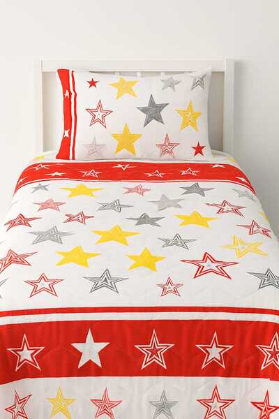 HSN LAGOM Single Quilted Bedspread Yellow Red-Pillowcase - Reversible Multi-Purpose Cover Pique