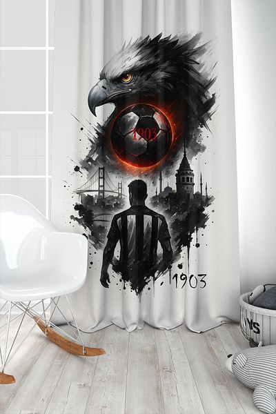 Bertille Home Children's and Baby's Room Black and White Fan Football Series Background Curtain Single Wing (Curtain)