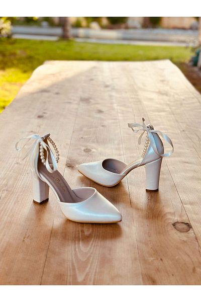 İlkinin Pabuçları Pearl Bridal Shoes, Women's Evening Dress Shoes with Rhinestone Pearls, Comfortable Design with 9cm Thick Heels