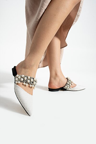 MissPapatya Kunny White Rug Pearl Detail Women's Heeled Slippers