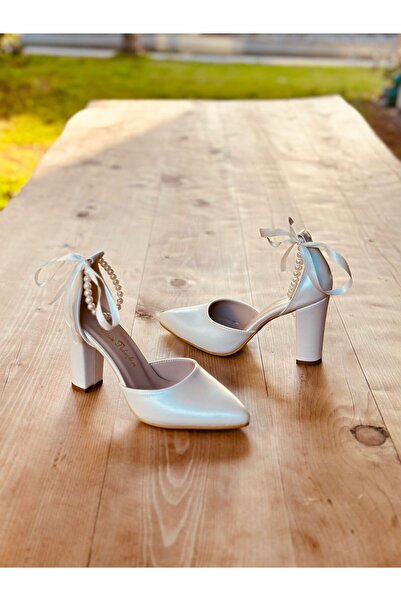 İlkinin Pabuçları incili gelin ayakkabısı, Taşlı incili kadın abiye ayakkabı, 9cm kalın topuklu rahat tasarım