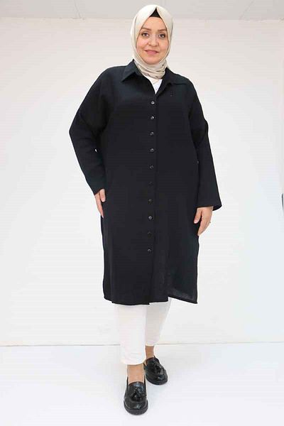 Eslina 58064 Large Size Muslin Low Sleeve Shirt - Black