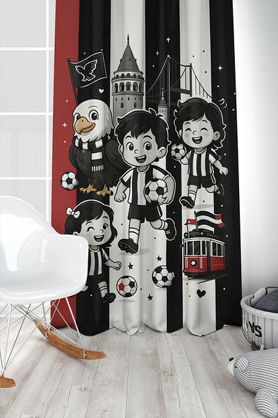 Bertille Home Children's and Baby's Room Black and White Fan Football Series Background Curtain Single Wing (Curtain)