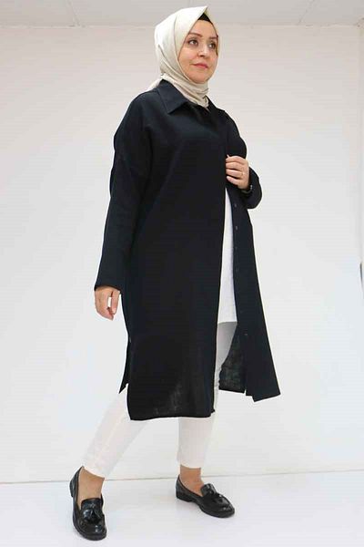 Eslina 58064 Large Size Muslin Low Sleeve Shirt - Black