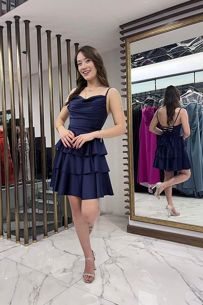 By Saygı Rochie scurtă din satin pentru femei, cu curea de frânghie, cu dantelă la spate