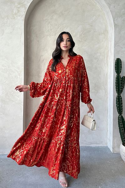 ASEDE 100% Viscose Bohemian Alaçatı Dress Ethnic Patterned Water Foil Print Viscose Dress Dress Suitable for Hijab