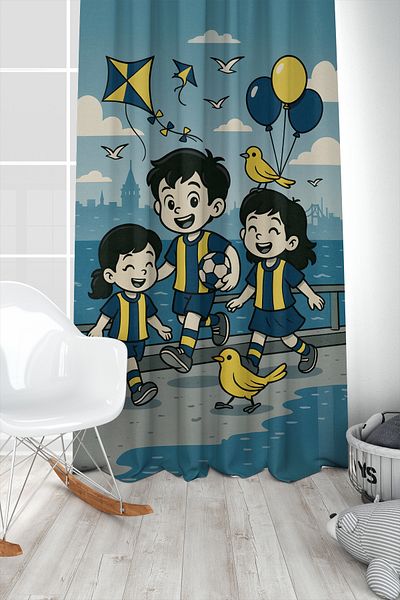 Bertille Home Children's and Baby's Room Yellow Navy Blue Fan Football Series Background Curtain Single Wing (Curtain)
