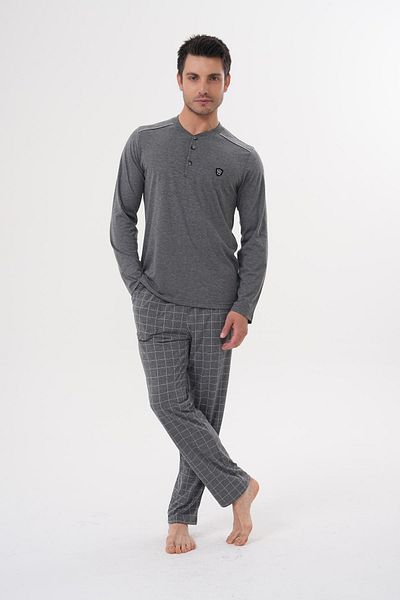 Mecit Pijama Mecit 2982 Smoked Big Size Long Sleeve Men's Pajamas Set