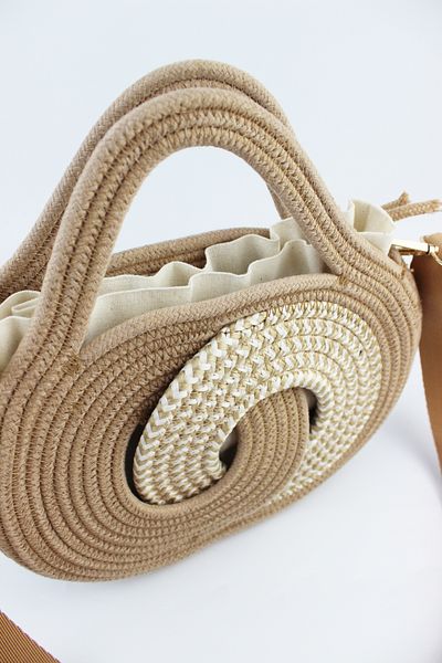 İLKYAZ Beige Mini Size Adjustable Strap Pouch Infinity Model Straw Women's Hand and Shoulder Bag