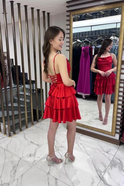 By Saygı Women's Rope Strap Back Lace up Skirt Layered Satin Short Dress