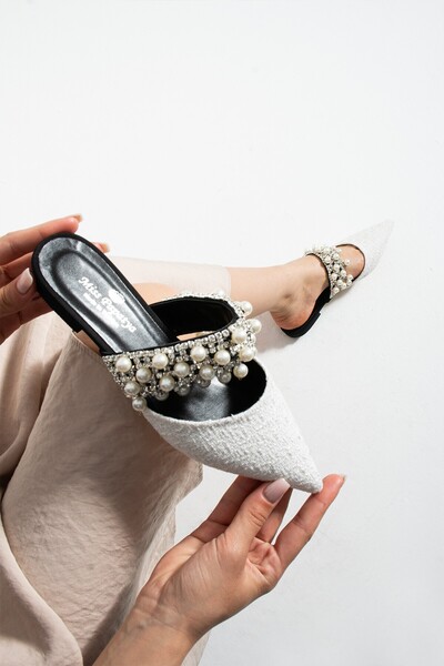 MissPapatya Kunny White Rug Pearl Detail Women's Heeled Slippers