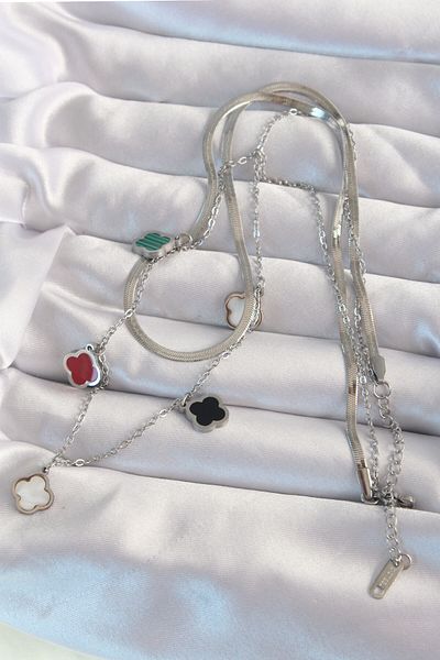 Skygo 316L Steel Silver Color Italian Chain Colorful Enamel Multiple Clover Necklace - Tj-Bko8974
