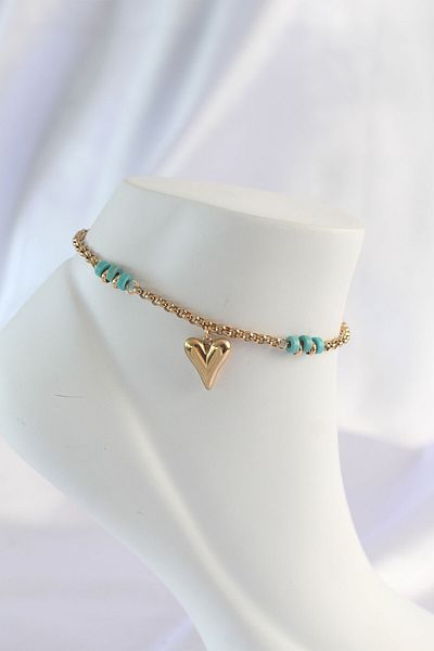 Skygo 316L Steel Gold Color Blue Stone Detail Heart Anklet - Tj-Hh1575