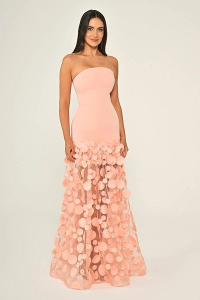 ALFABETA Women's Strapless Neckline Slim Fit Long Salmon Evening Dress with Tassel Tulle Skirt & Graduation Dress Ab7067-Somon