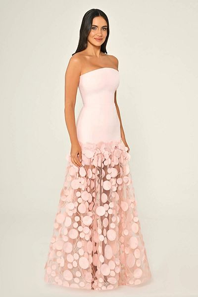 ALFABETA Women's Strapless Neckline Slim Fit Long Pink Evening Dresses with Tassel Tulle Skirt & Homecoming Dress Ab7067-Pink