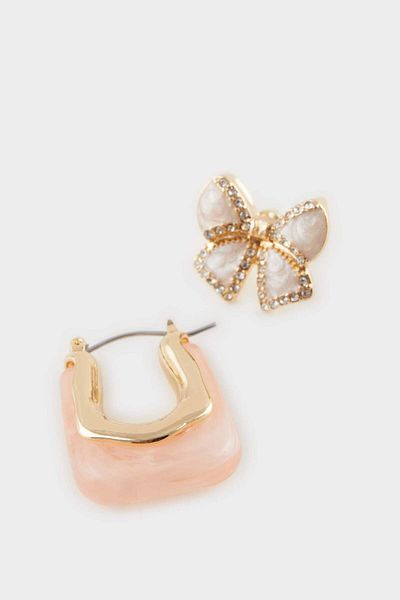 DeFacto Women's 2-Piece Bow and Pink Stone Gold Earrings F0721Axns
