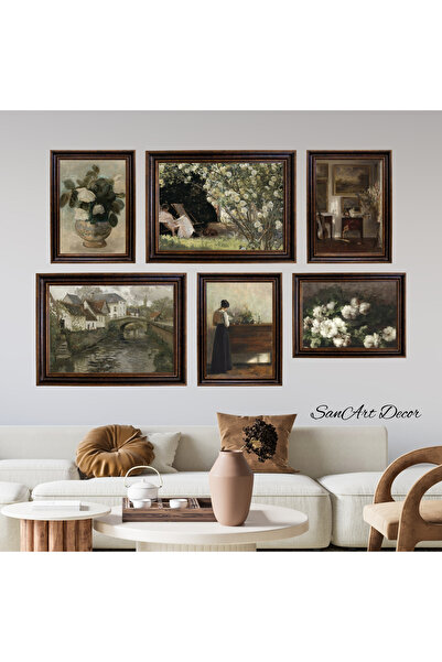 Sanart Σετ ελαιογραφίας με κορνίζα, 6 τεμάχια ζωγραφικής με κορνίζα, ρετρό ζωγραφιές, vintage ζωγραφική, εκτύπωση ζωγραφικής