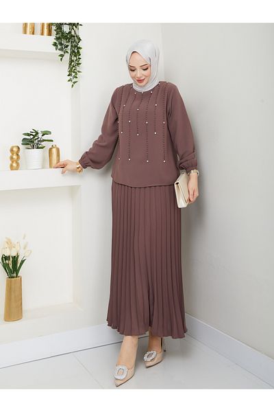 asyadabutik Beaded Stone Skirt Ruffled Crepe Fabric Large Size Double Set