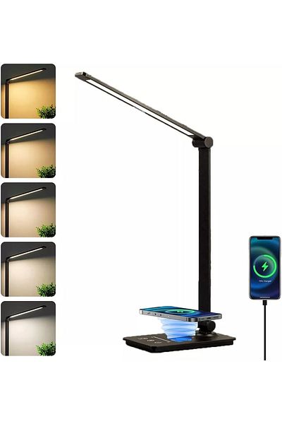 COOYA Portable LED Desk Lamp, USB Port, Wireless Charging, 5-Level Dimming and Color Toning, Black