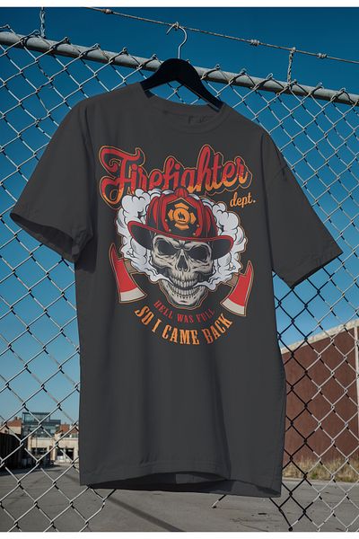 mooodcase Unisex Oversize Black T-Shirt Crew Neck Short Sleeve Cotton Fire Fighter Patterned