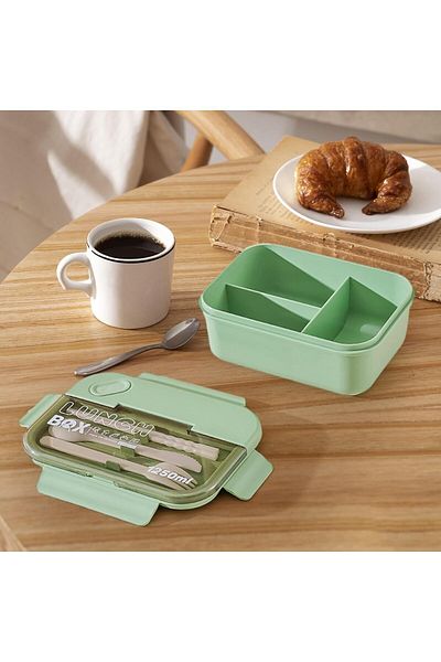 COOYA 1250ml three-compartment lunch box, airtight and leakproof, with cutlery, BPA-free, matcha green