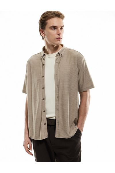 Koton Buttoned Collar Textured Viscose Beige Men's Shirt 5Sam60002Hk