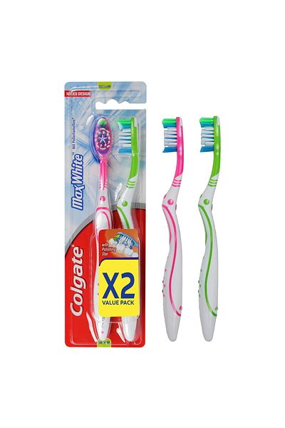 Colgate Max White Medium Toothbrush Assorted Colour Value Pack 2 pcs