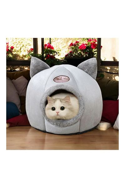 ECARLA Pat culcus de iarna pentru pisici, gri, model CAT HOUSE, KOT16