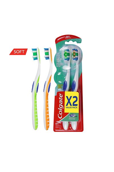 Colgate 360 Whole Mouth Clean Soft Toothbrush Assorted Colour Value Pack 2 pcs