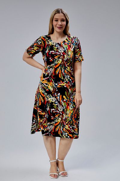 SENTEX Short Sleeve Flare Orange Mixed Color Women Dress