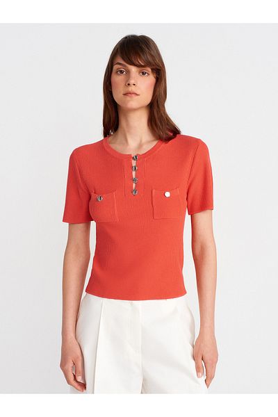 Dilvin 10733 Crew Neck Pocket Buttoned Knitwear Blouse-A.Red
