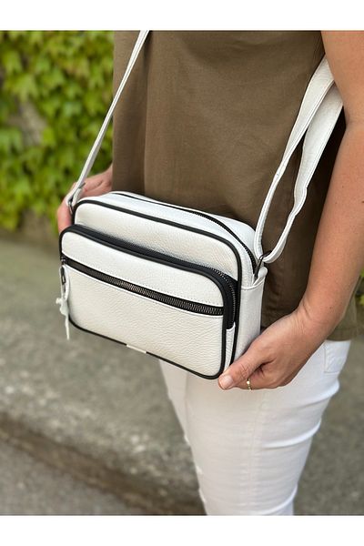 Deribag Piele autentică, mărime medie, curea încrucișată, geantă de umăr pentru femei, albă 22*18*8 cm
