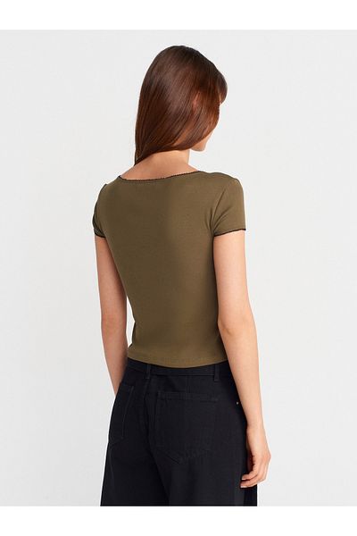 Dilvin 31798 Short Sleeve Shirred Top-Khaki