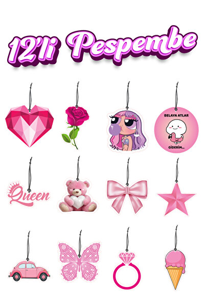 Meröka 12 li Pespembe Görselli Dekoratif Oto Kokusu ve Aksesuar Seti