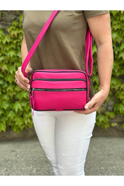 Deribag Hakiki Deri, Orta Boy ,Çapraz Askılı,Kadın Omuz Çantası ,Fuşya 22*18*...