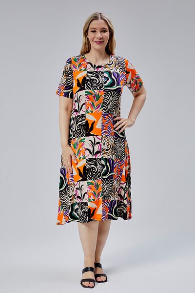 SENTEX Short Sleeve Wide Orange Square Pattern Women's Dress