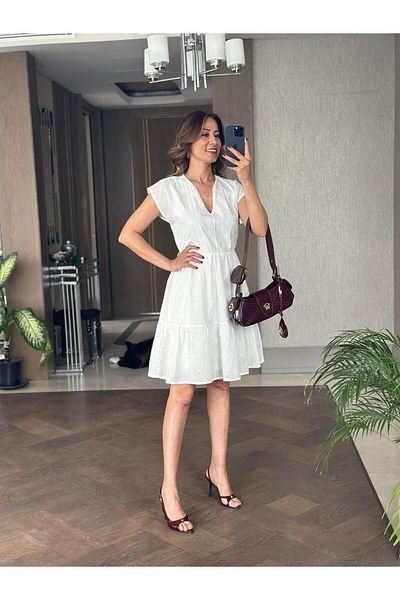 Forlady4 White Women's Zero Sleeve V-Neck Scallop Waist Elastic Dress