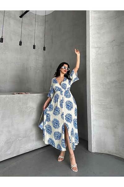 BLUSS Γυναικείο καλοκαιρινό φόρεμα βισκόζης σε μποέμικο στυλ - με σκίσιμο και σχέδιο