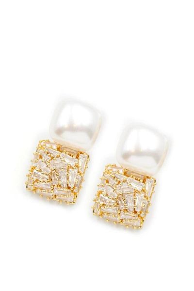 Royaleks Pearl Baguette Jewelled Earrings - Gold