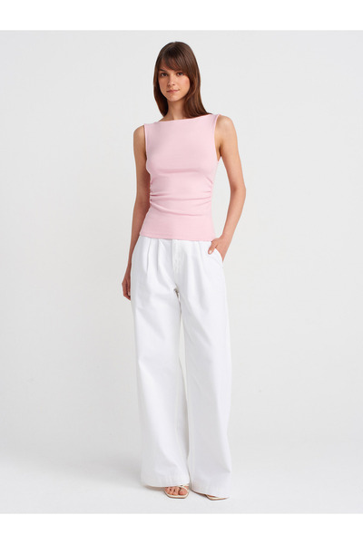 Dilvin 31589 Húzózsinóros csónaknyak felső-por rózsaszín