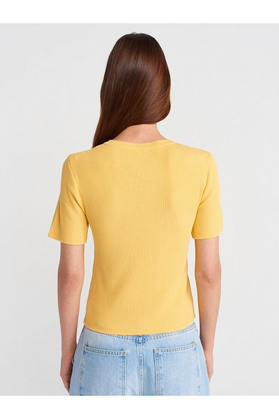 Dilvin 10733 Crew Neck Pocket Button Knitwear Blouse-Dark Yellow