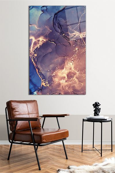 Vosevu Vas de sticlă vertical cu model abstract de aur violet, decor modern pentru birou, cadou, decorare de perete, sticlă rezistentă la spargere