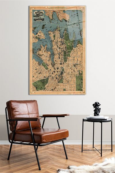 Vosevu Vintage Sydney Map Vertical Glass Painting, Modern Home Decor, Gift Wall Decoration, Unbreakable Glass