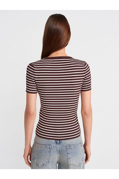 Dilvin 10758 Crew Neck Striped Basic Knitwear Blouse-Brown-Ecru