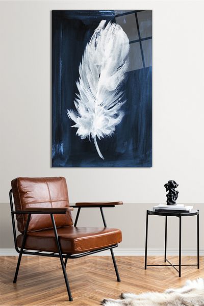 Vosevu Pictură decorativă din sticlă verticală cu pene albastre, decor modern pentru birou, decorare de perete pentru cadou, sticlă rezistentă la spargere