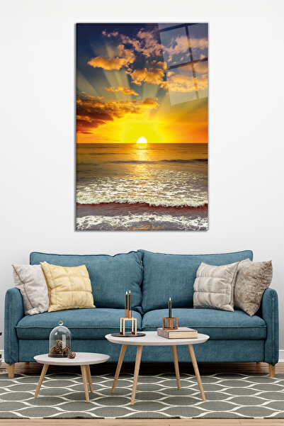 Vosevu Günbatımında Deniz Dikey Cam Tablo, Modern Ev Ofis Dekoru, Hediyelik Duvar Dekorasyonu, Kırılmaz Cam