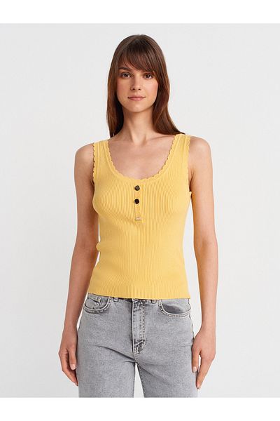 Dilvin 10744 Corded Button Detailed Knitwear Blouse-Dark Yellow